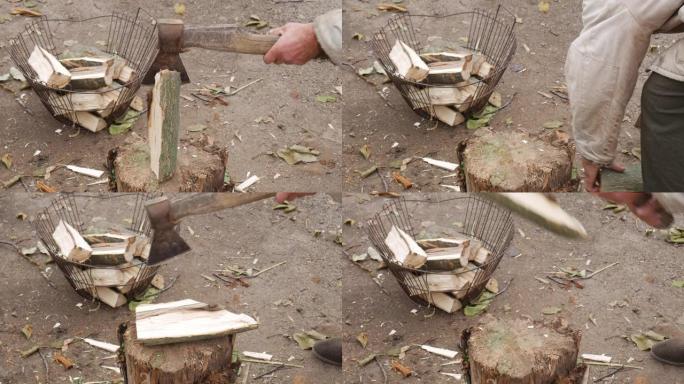 一个贫穷的俄罗斯村庄的爷爷用树桩上的斧头砍柴。秋天的村庄院子。为冬天收割柴火。