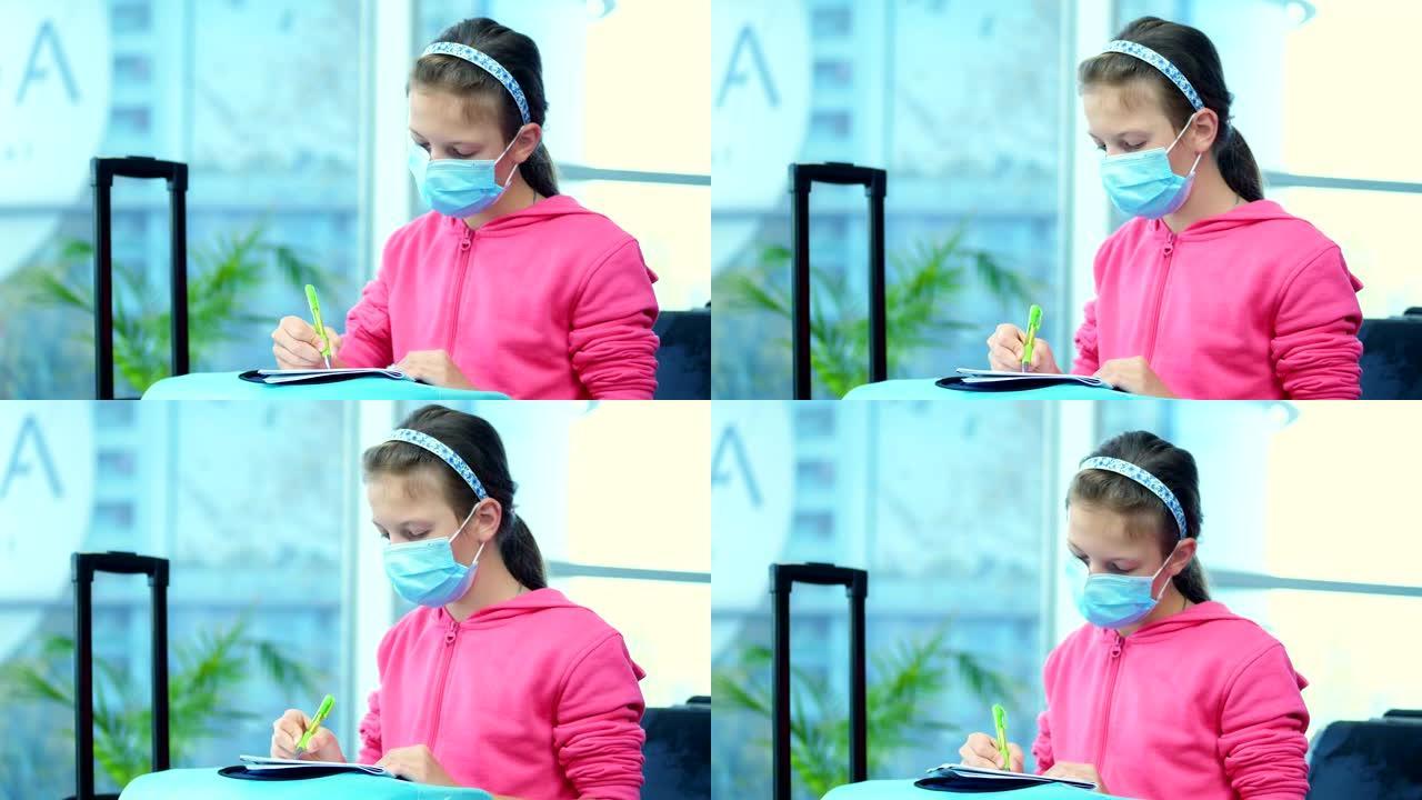 在机场，一个女孩的肖像，戴着医用口罩的孩子，在手提箱，行李上的笔记本上画画。等待出发。冠状病毒疫情后