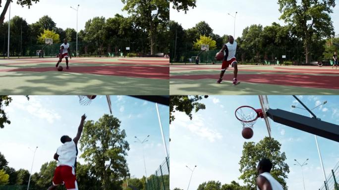 非裔美国人打篮球，将球扔进篮球圈