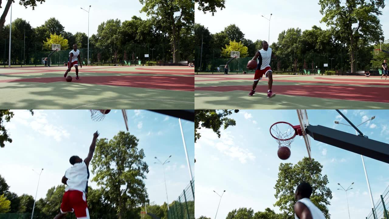 非裔美国人打篮球，将球扔进篮球圈