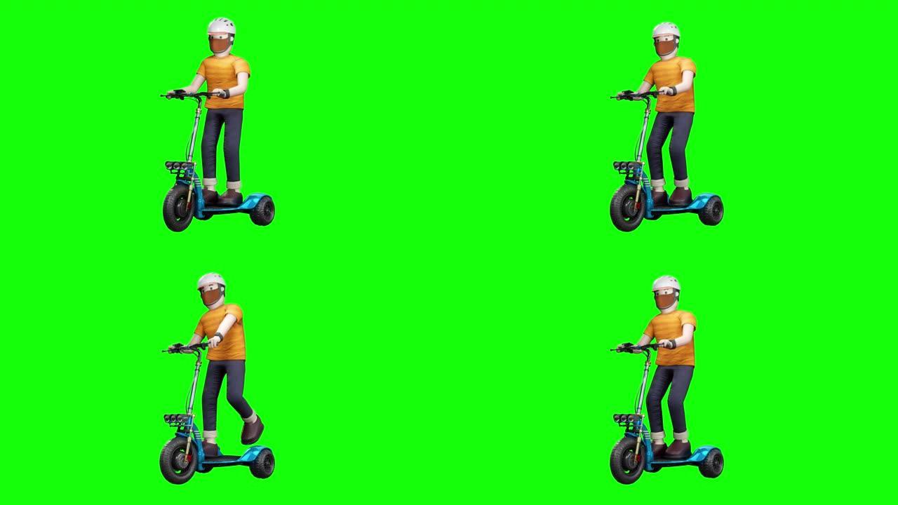 戴着保护头盔的帅哥骑着三轮电动滑板车，在绿屏背景上3d渲染城市替代生态交通概念的运动图形循环。