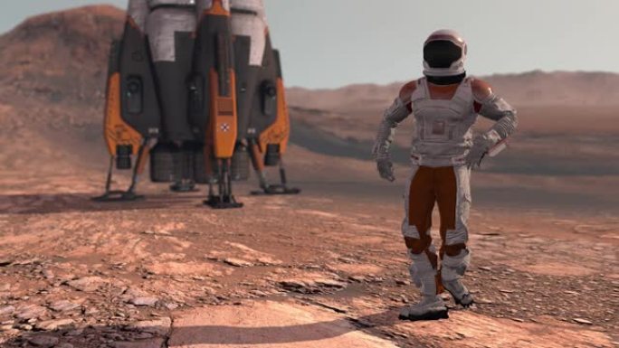 宇航员在火星红色星球上跳舞。探索火星任务。未来殖民和太空探索概念。火星上的殖民地。NASA提供的这段