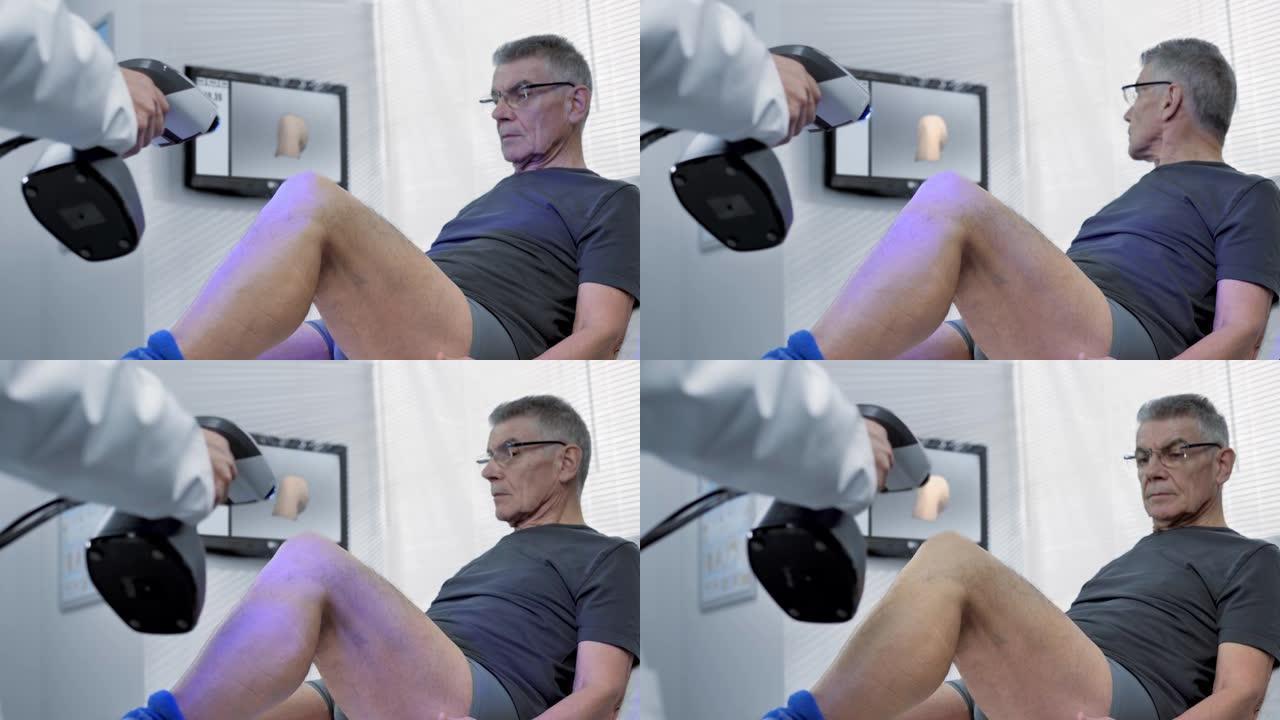 医生用手扫描仪3d扫描患者膝盖，使假体正畸。