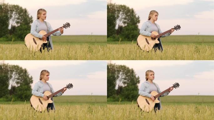 夏夜日落时，年轻女子在麦田上唱歌弹吉他