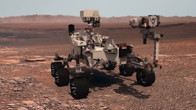 火星。毅力漫游者在真实的火星景观背景下部署设备。探索火星任务。火星上的殖民地。NASA提供的这段视频