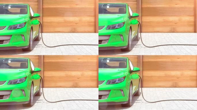 绿色电动汽车在家充电正面透视耀斑3D动画