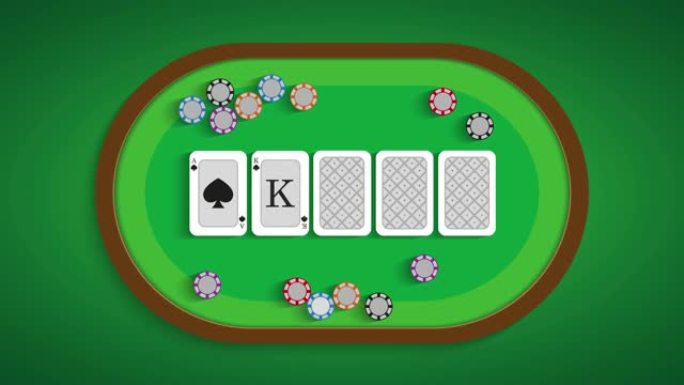 皇家同花顺在扑克桌上。卡片在桌子上翻过来。平面风格的运动图形。