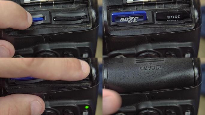 一只手将SD存储卡插入并取出相机。