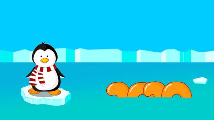 胖字体冰2020出现在水面上。被雪覆盖。2019正在沉入水中。企鹅在海洋中摇摆。新年快乐帖子。4k 