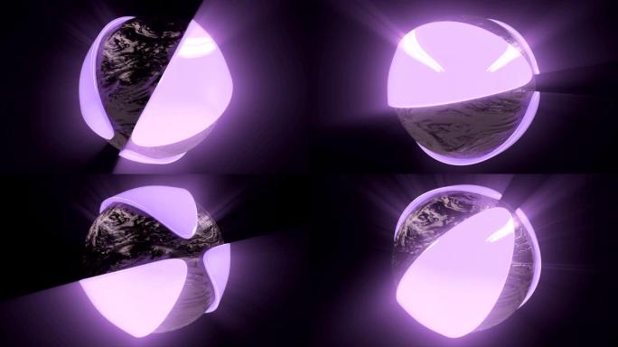 3d旋转未来派霓虹灯球覆盖有阿尔法通道的花瓣。无缝模式。