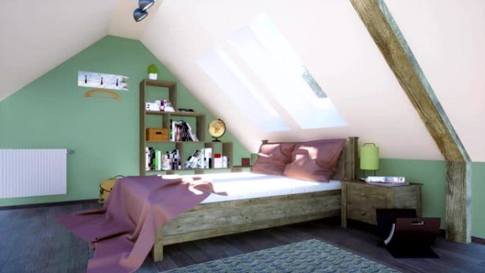 阁楼3D动画现代卧室室内双人床