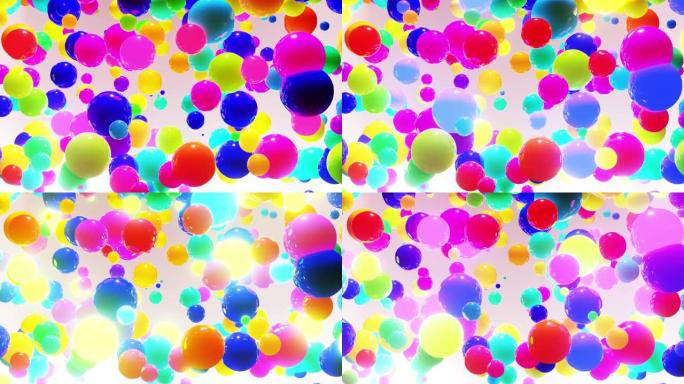 空气中彩色球的抽象组成，它们随机发光并相互反射。空气中的彩色球体作为简单的几何光背景，具有光效果。