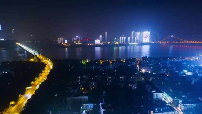 中国夜间照明武汉城市景观市中心海湾空中河边全景4k延时