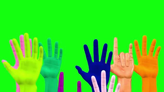 举起双手作为绿色背景上自由的象征。3D渲染。