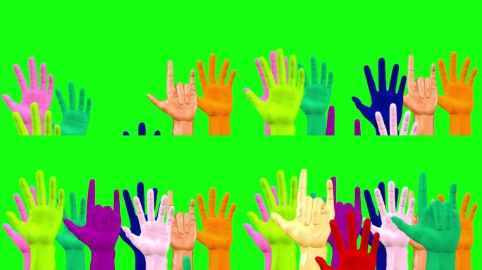 举起双手作为绿色背景上自由的象征。3D渲染。