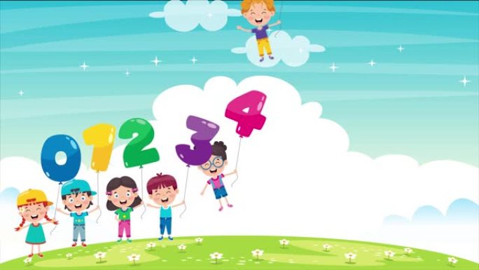 儿童手持彩色数字气球的动画