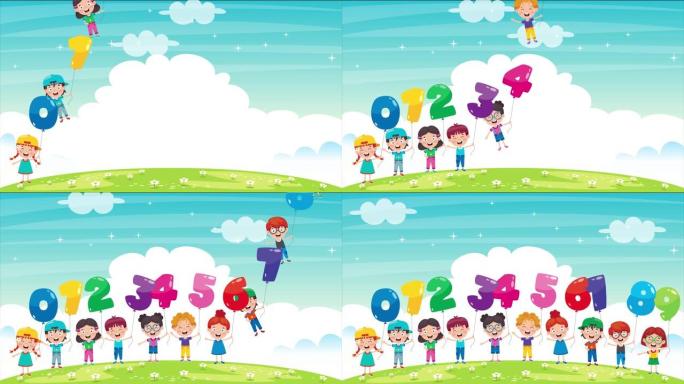 儿童手持彩色数字气球的动画