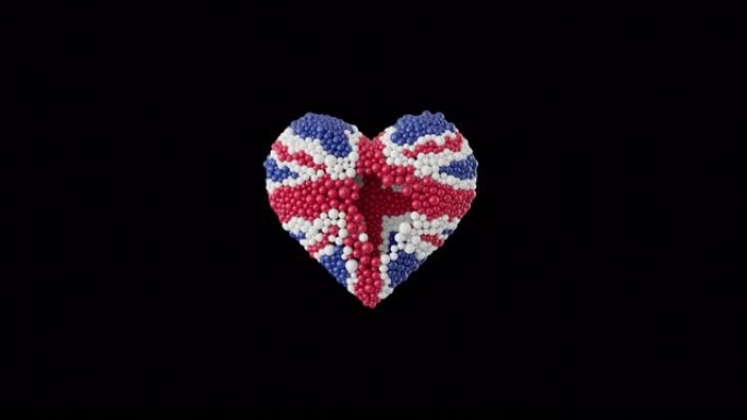 英国国庆日。心动画与阿尔法磨砂。用闪亮的心形球体做成的动画。