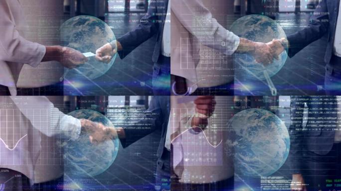 全球金融数据处理与商人握手