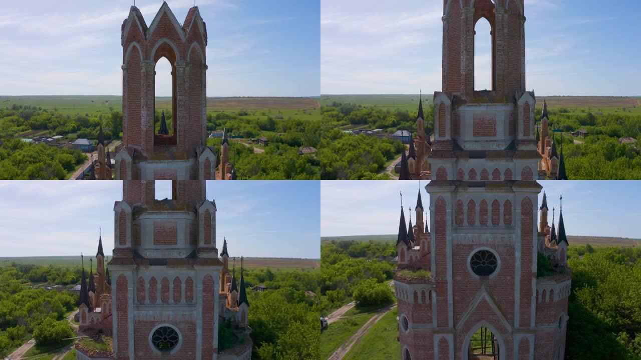 新哥特式风格的圣玛丽教堂，位于俄罗斯萨拉托夫州卡缅卡村。教堂墙壁的废墟。航空4K