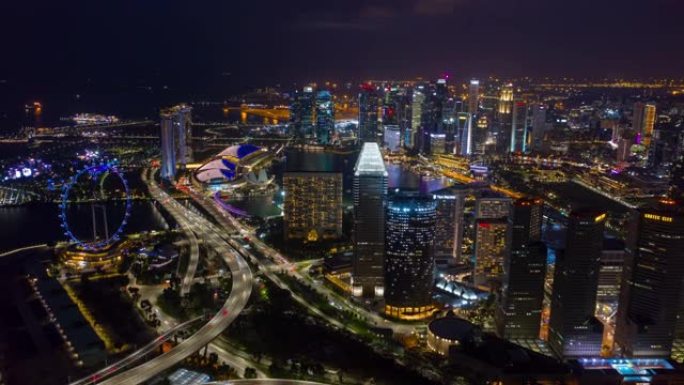 夜间照明新加坡市区交通街道空中延时全景4k