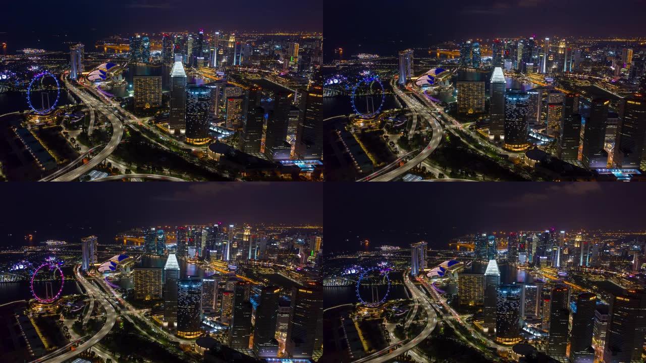 夜间照明新加坡市区交通街道空中延时全景4k