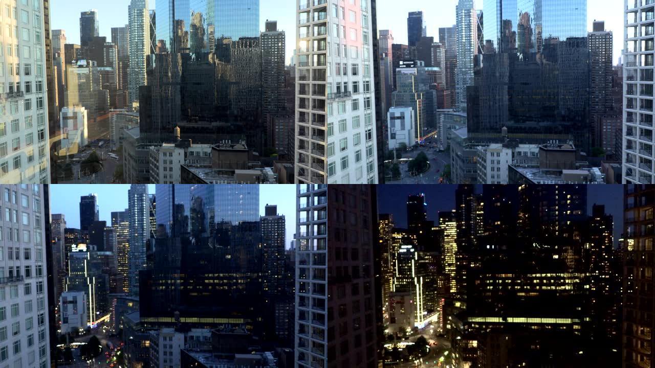 美国纽约市-2019年6月5日-纽约市大都市摩天大楼和公司大楼从白天到晚上都在延时