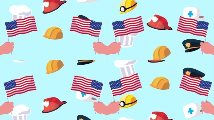 用美国国旗和工人帽庆祝劳动节快乐