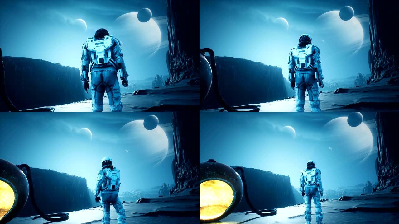 探险家宇航员很高兴来到一个美丽的新星球。幻想、未来或太空旅行背景的动画。