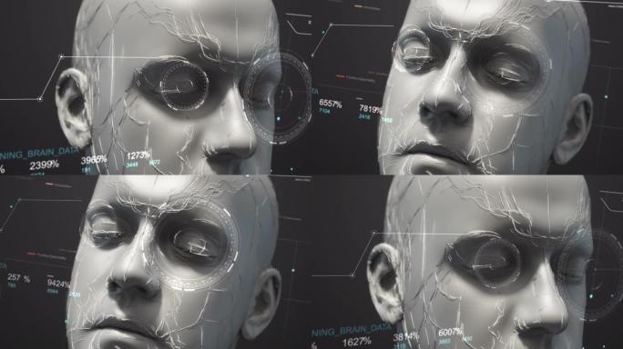 未来仿生机器人脸移动他的头与HUD数据。人工智能