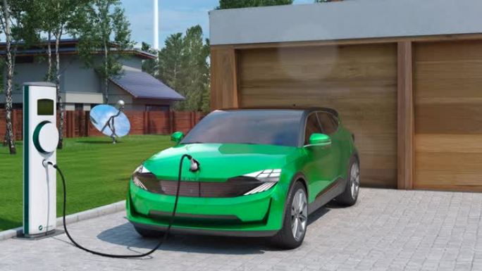 电动汽车SUV在家充电现代低能耗郊区住宅关闭3d动画