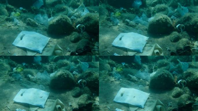 慢动作，海底塑料污染的特写镜头，热带鱼游过覆盖着大量塑料垃圾的海底。亚得里亚海海床上的瓶子，袋子和其