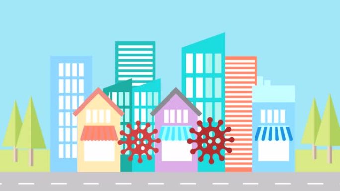 新型冠状病毒肺炎细胞保持社交距离对抗五颜六色的房子