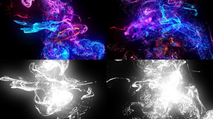 在4k的水中注入荧光墨水。墨水流中辉光粒子的3d渲染。两个碰撞流的相互作用。亮度哑光作为阿尔法通道。