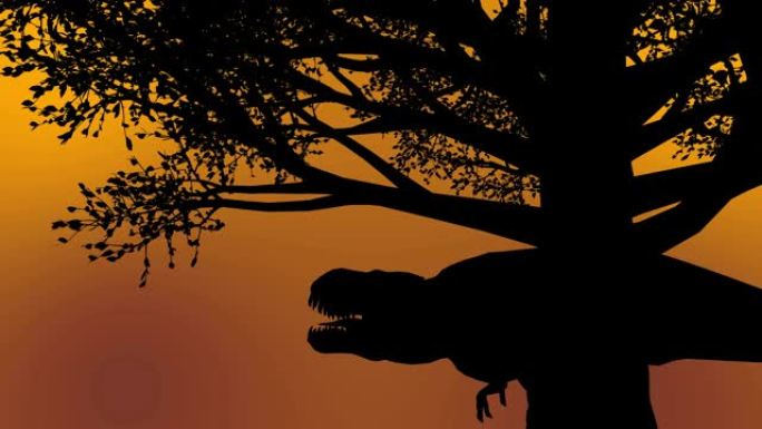日落日出时黑恐龙在黑暗的树下咆哮