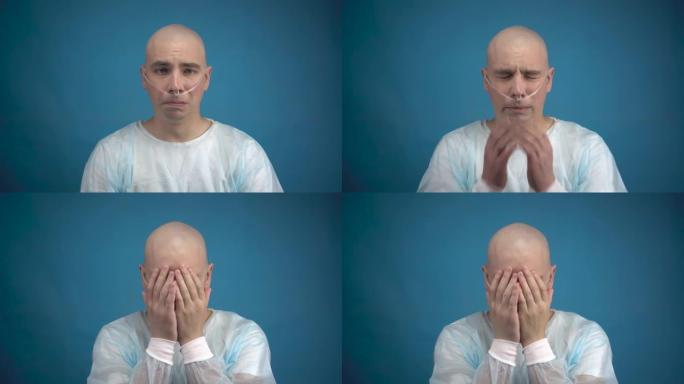 一个秃头的年轻人和肿瘤医生看着相机，在蓝色背景上哭泣。病人用手遮住脸。化疗导致脱发。
