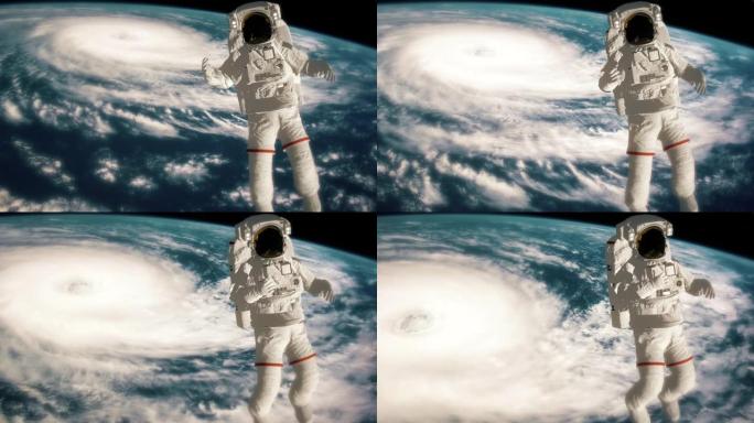 宇航员太空行走，在空旷的空间里挥舞着他的手。国际空间站ISS在地球大气层上空旋转。NASA提供的这段