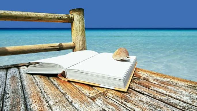 竹椅上的空白书在热带海滩上