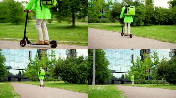 穿着绿色制服的高级食品快递员的照片，用保温袋在街上滑车运送订单