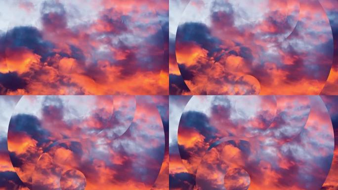 创意4k视差视频，日落时分，云彩在阴阳符号的背景下向两侧扩散。冥想概念，开放的心态。