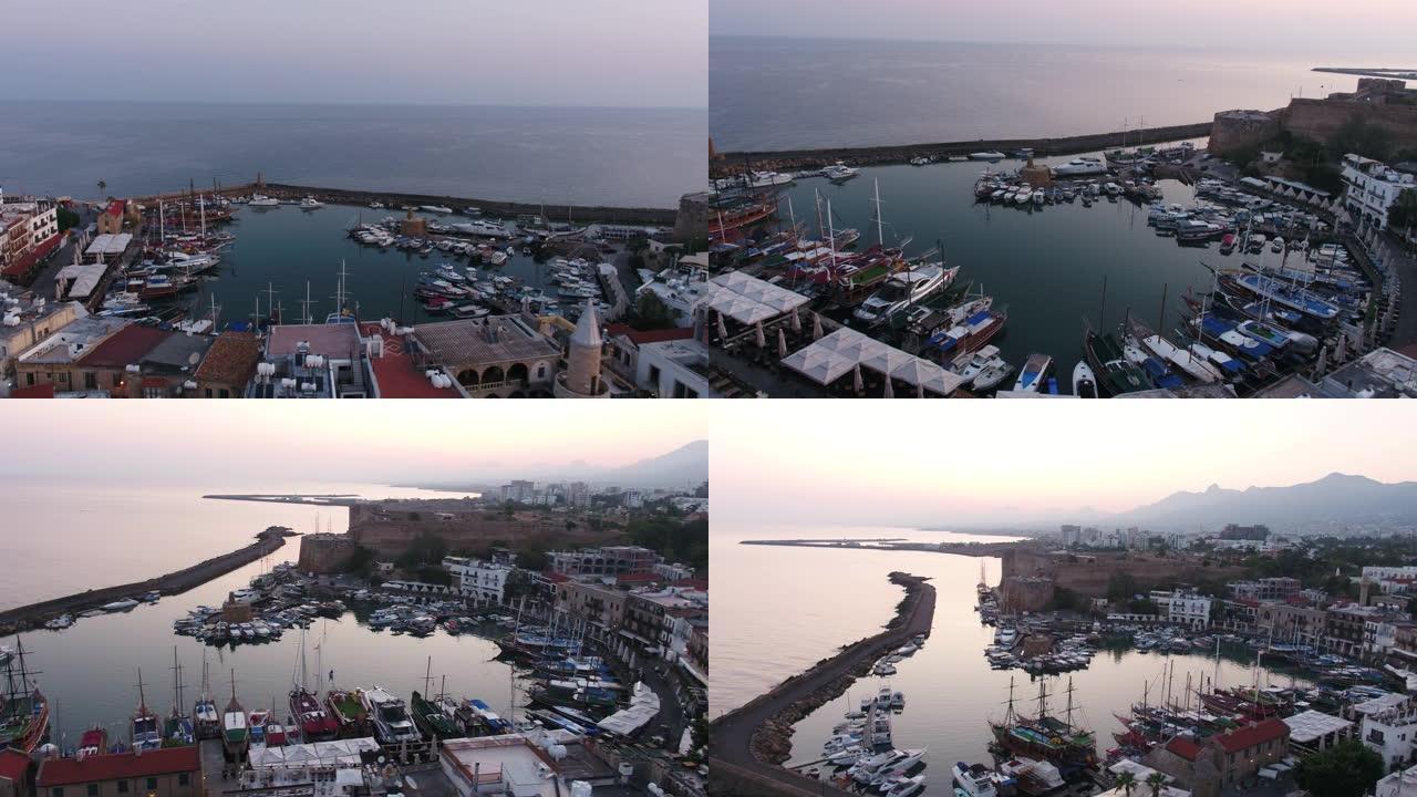 北塞浦路斯日出女孩城堡和港口4k无人机视频灵感2 x5摄像机