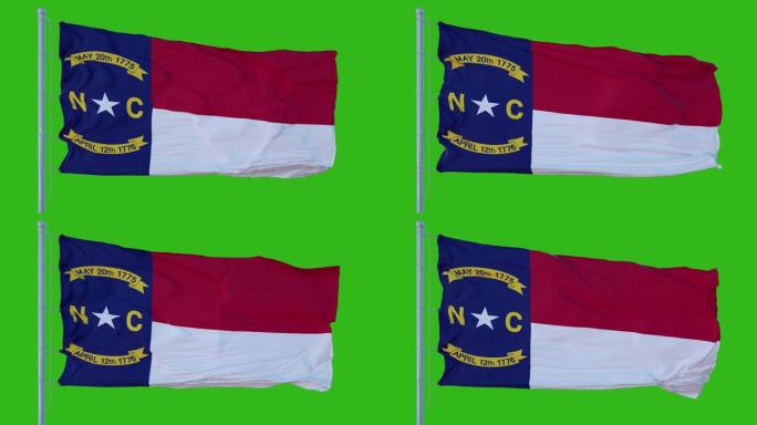 在绿色屏幕背景下，北卡罗来纳州的国旗在风中飘扬