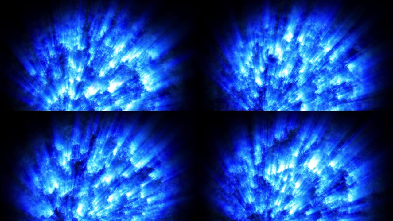 燃烧的恒星从其表面发出射线。4k抽象循环空间背景。高能沸腾物质，魔球或火球。科幻主题与光线