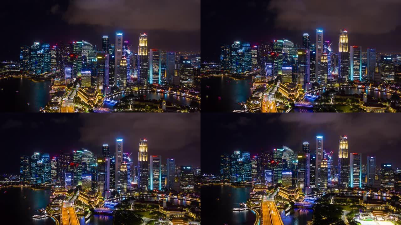 夜间照明新加坡市市中心海湾区空中延时全景4k