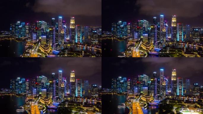 夜间照明新加坡市市中心海湾区空中延时全景4k