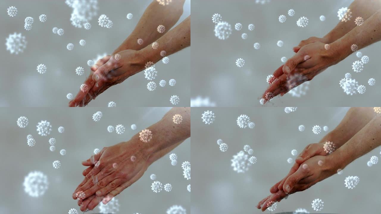 新型冠状病毒肺炎细胞反对男人洗手