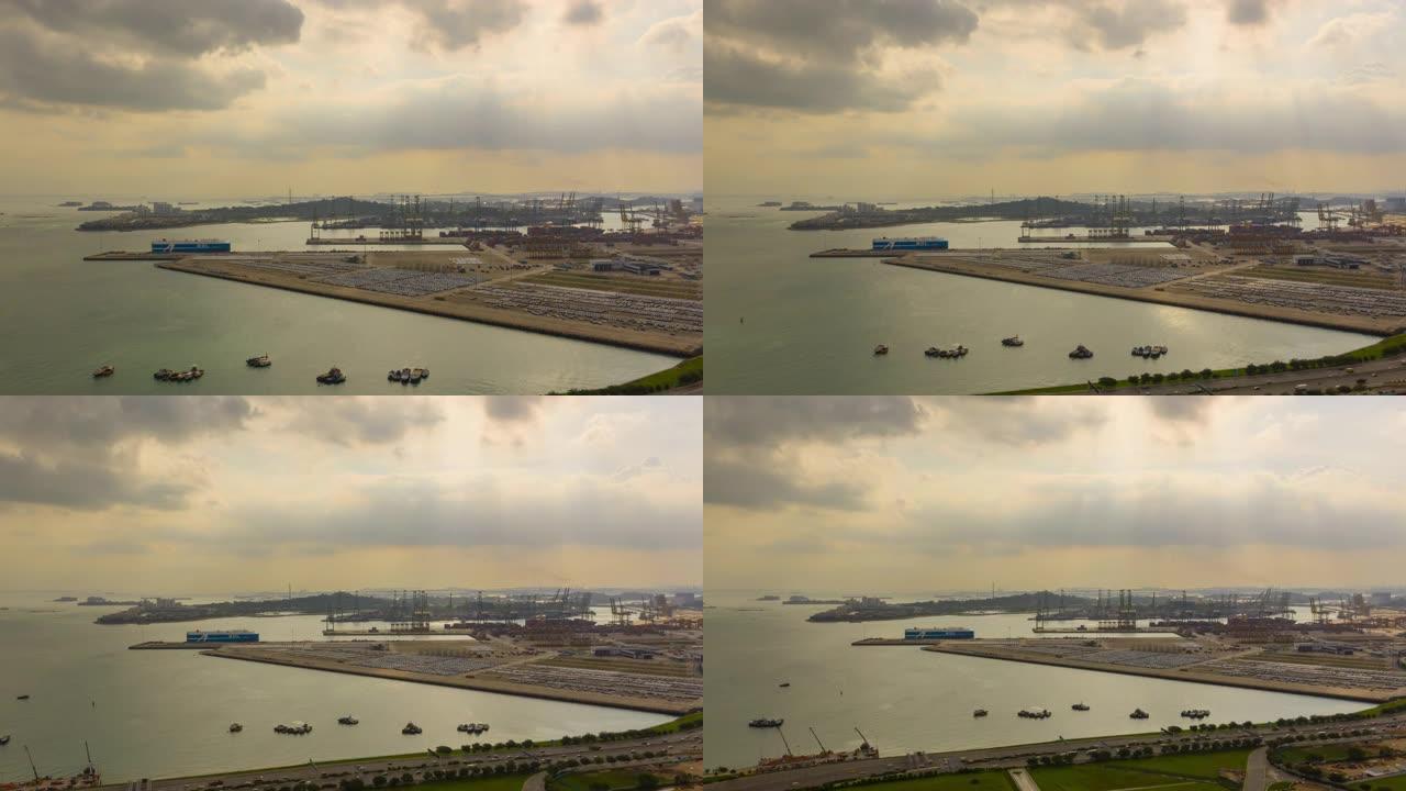 日落时间新加坡城市著名交通港口码头停车场空中延时全景4k