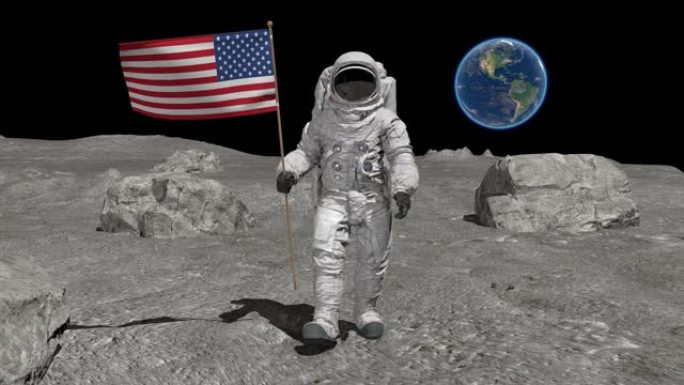 宇航员带着美国国旗在月球上行走。CG动画。美国国家航空航天局提供的这段视频的一些元素。