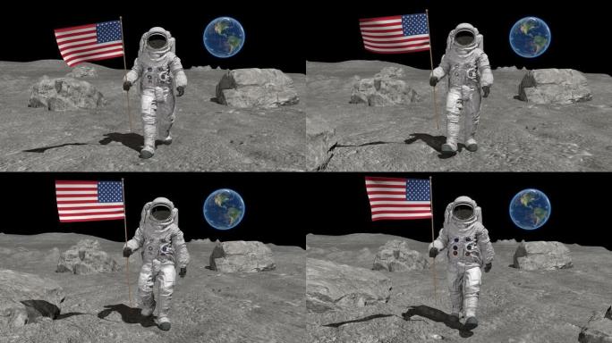 宇航员带着美国国旗在月球上行走。CG动画。美国国家航空航天局提供的这段视频的一些元素。