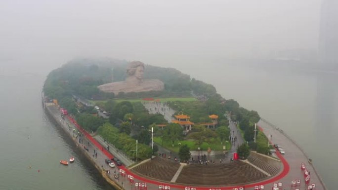 雨天长沙市河岛著名纪念公园航拍全景4k中国